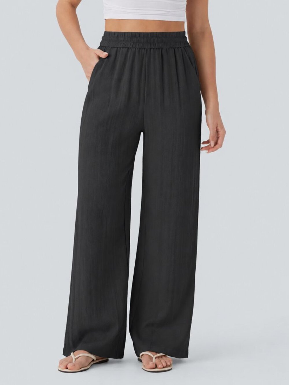 Halara XL Tall Black High Waisted Pockets Wide Leg Baggy Casual Linen-Feel Pants